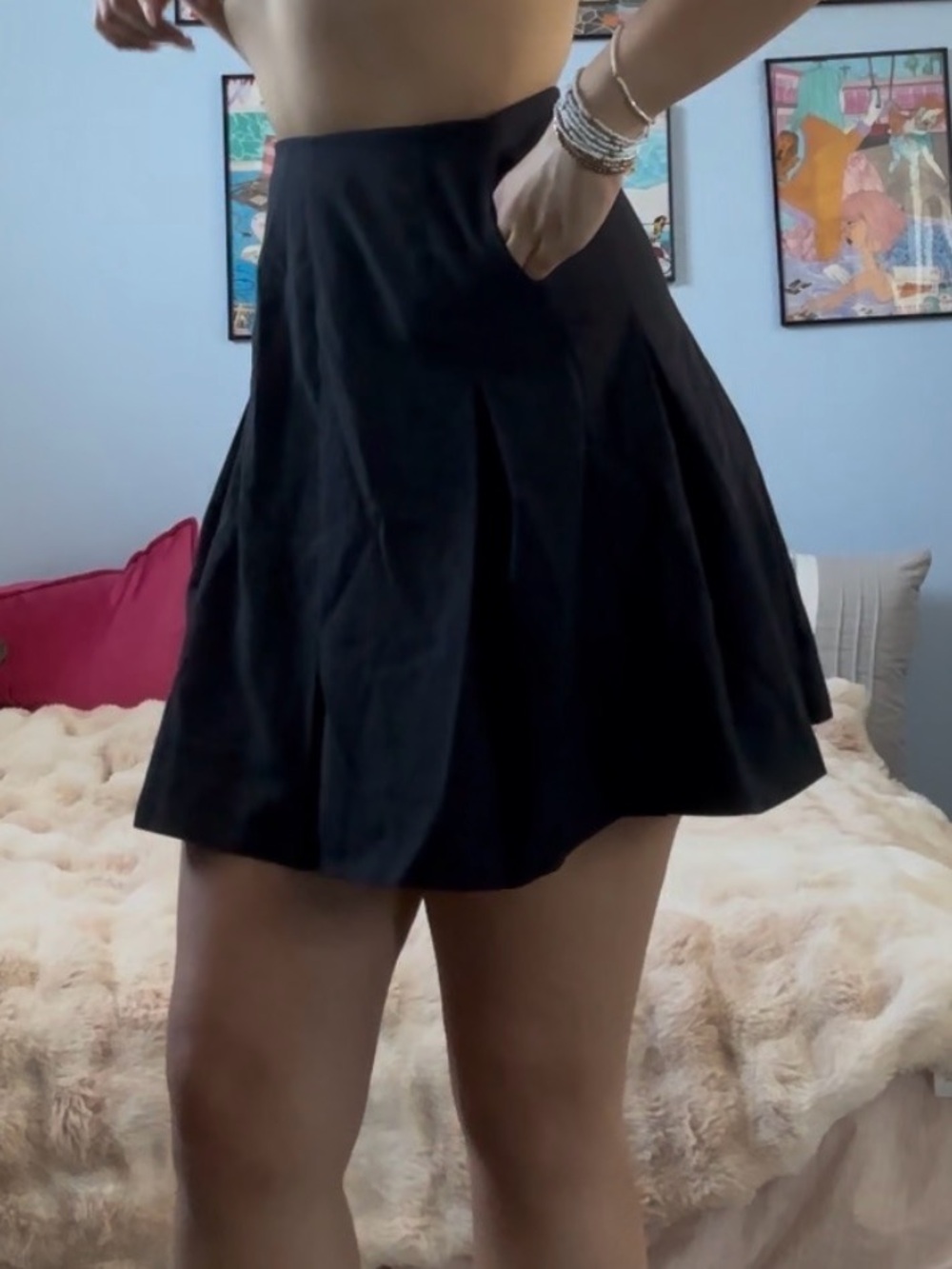 High-Waist Black Skater Skirt with Pleats